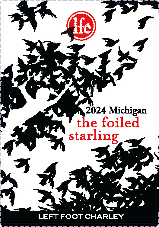 TABC label artwork for Left Foot Charley Auxerrois, Pinot Blanc, Pinot Gris, Chardonnay, Riesling The Foiled Starling, Mich