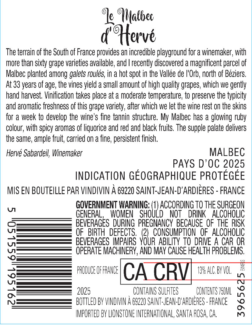 TABC label artwork for Le Malbec d’Herve Pays d'Oc Malbec, France