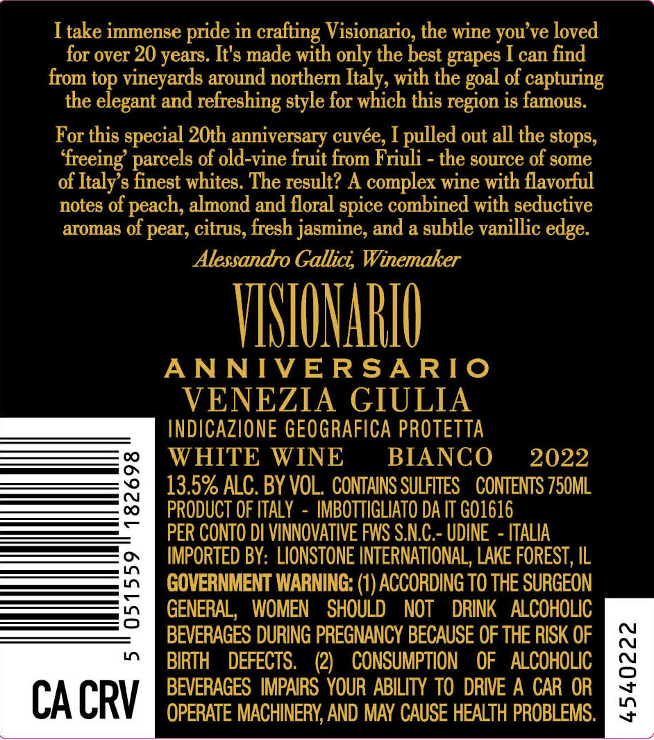 TABC label artwork for Visionario Anniversario Venezia Giulia Bianco White Wine, Italy