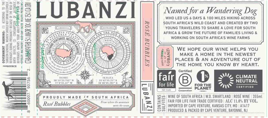 TABC label artwork for Lubanzi Rose Bubbles Swartland