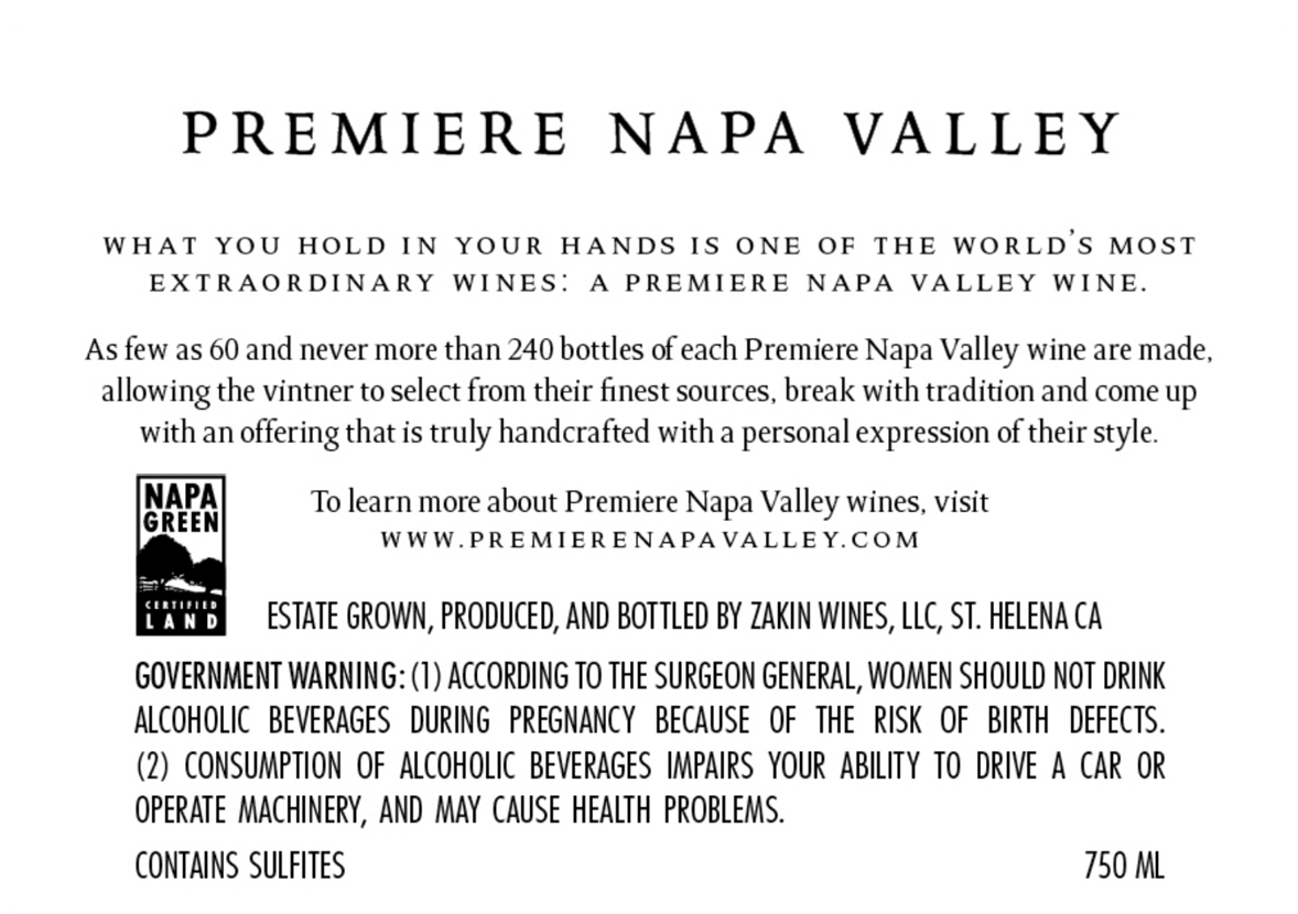 TABC label artwork for Premiere Napa Valley Zakin Family Estate Cabernet Sauvignon