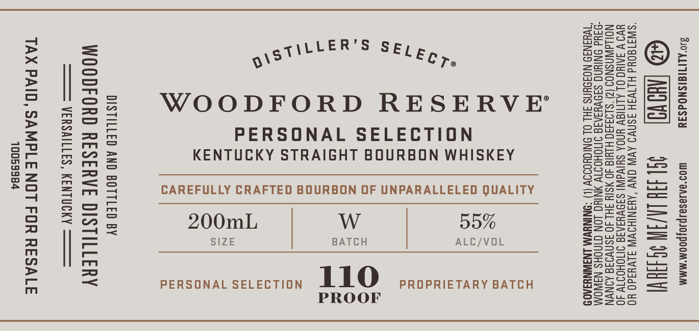 TABC label artwork for Woodford Reserve Personal Selection Batch W