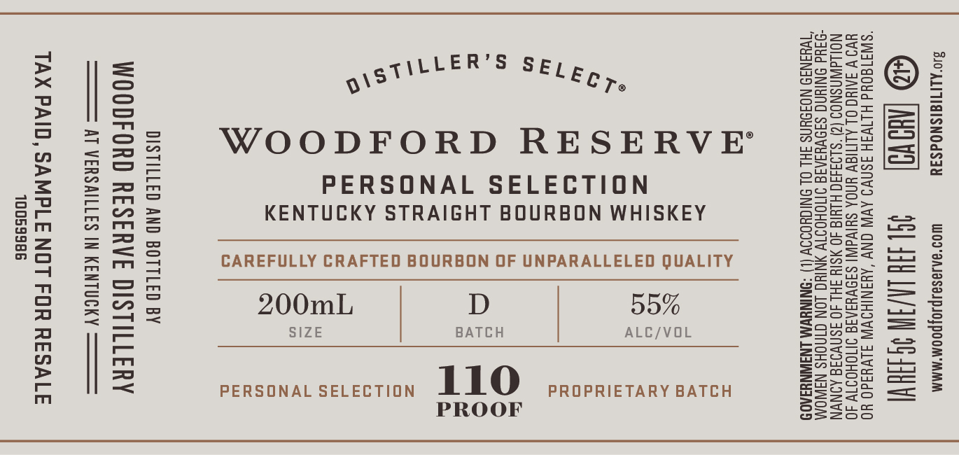 TABC label artwork for Woodford Reserve Personal Selection Batch D