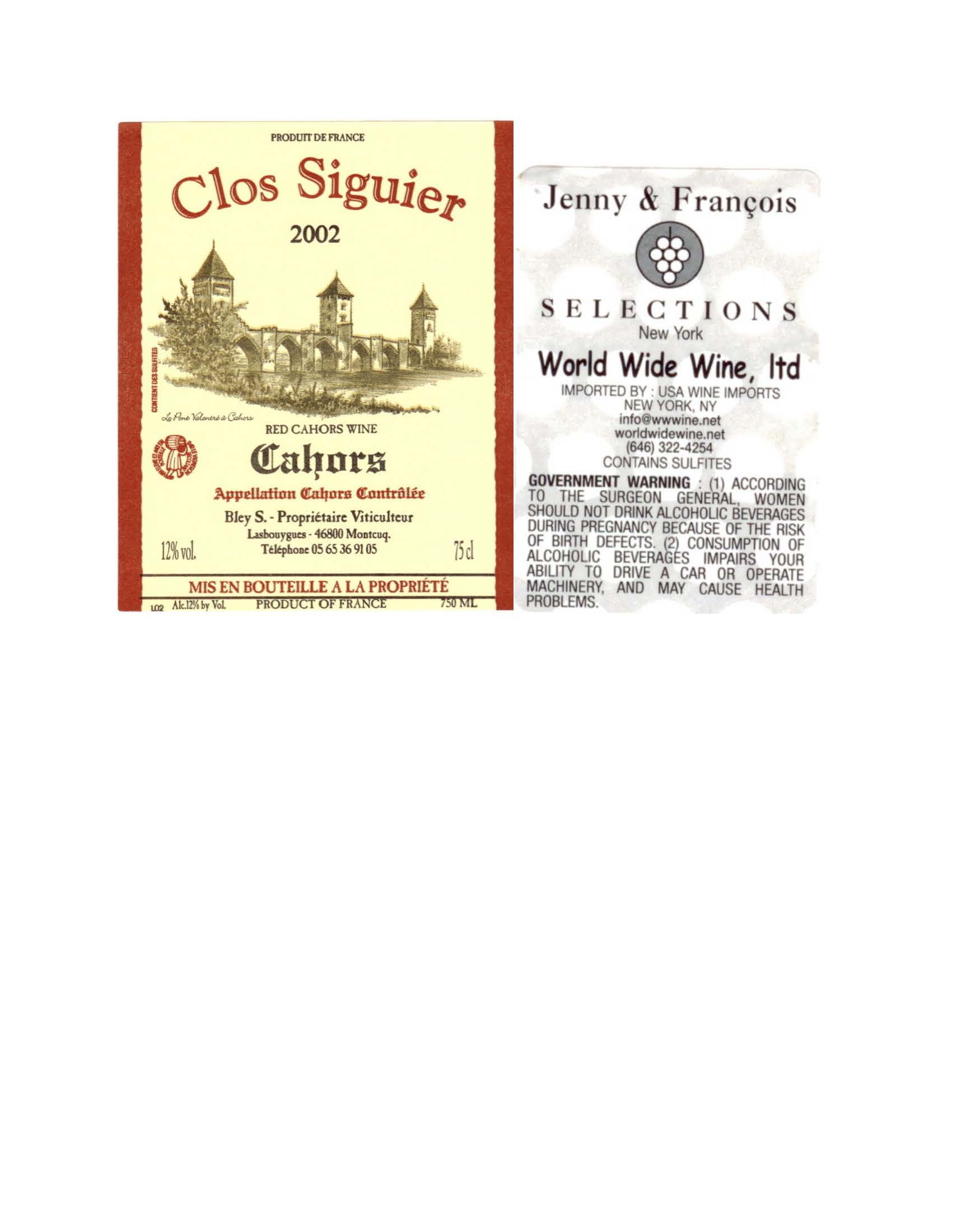 TABC label artwork for Clos Siguier, Red Cahors