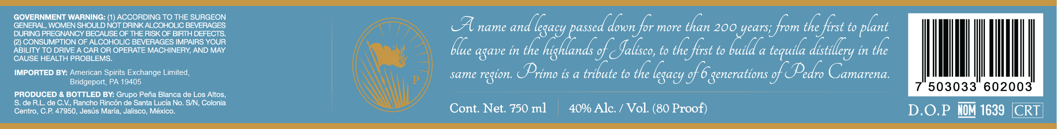 TABC label artwork for Primo 1861 Blanco