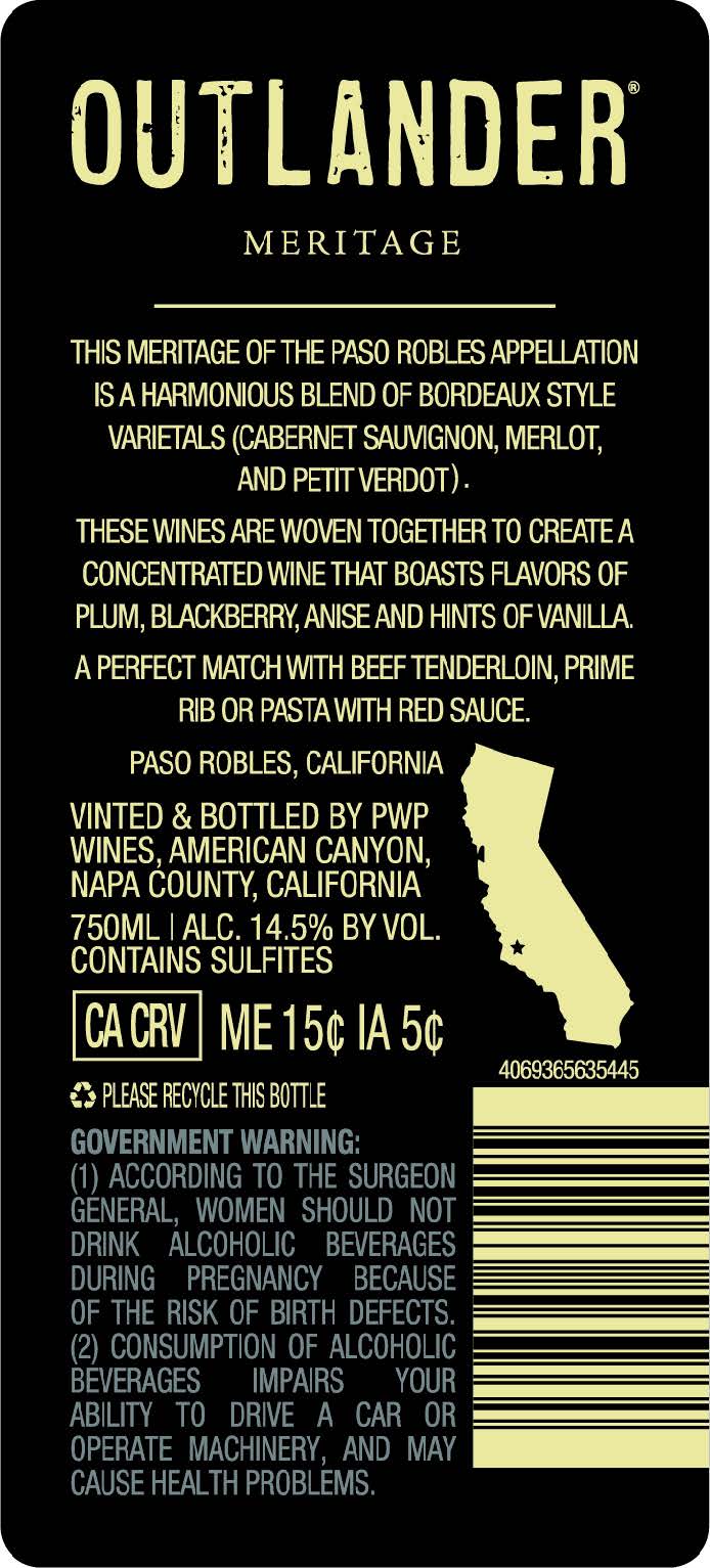 TABC label artwork for Outlander Meritage Red Wine Paso Robles