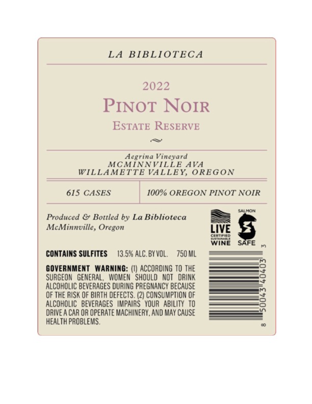 TABC label artwork for La Biblioteca Estate Reserve Pinot Noir