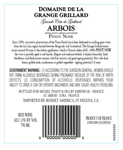 TABC label artwork for Michel Tissot Arbois Pinot Noir Grd CdG
