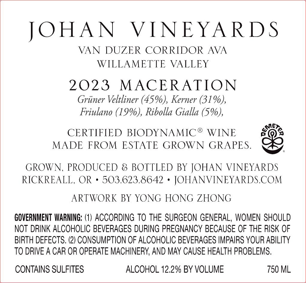 TABC label artwork for Johan Vineyards White Wine Maceration Van Duzer Corridor Willamette Valley