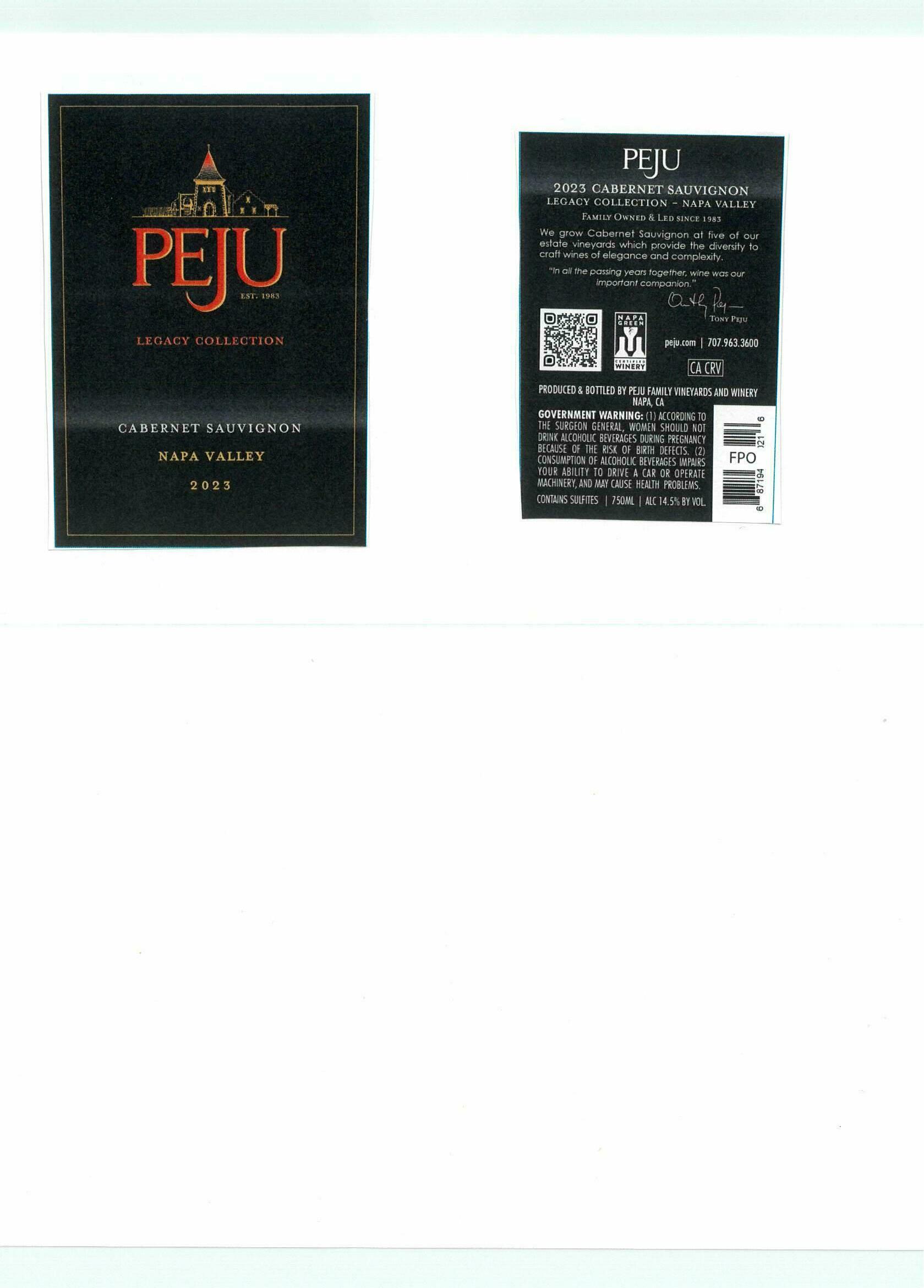 TABC label artwork for Peju Legacy Cabernet Sauvignon Napa Valley