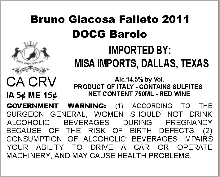 TABC label artwork for BRUNO GIACOSA FALLETO
