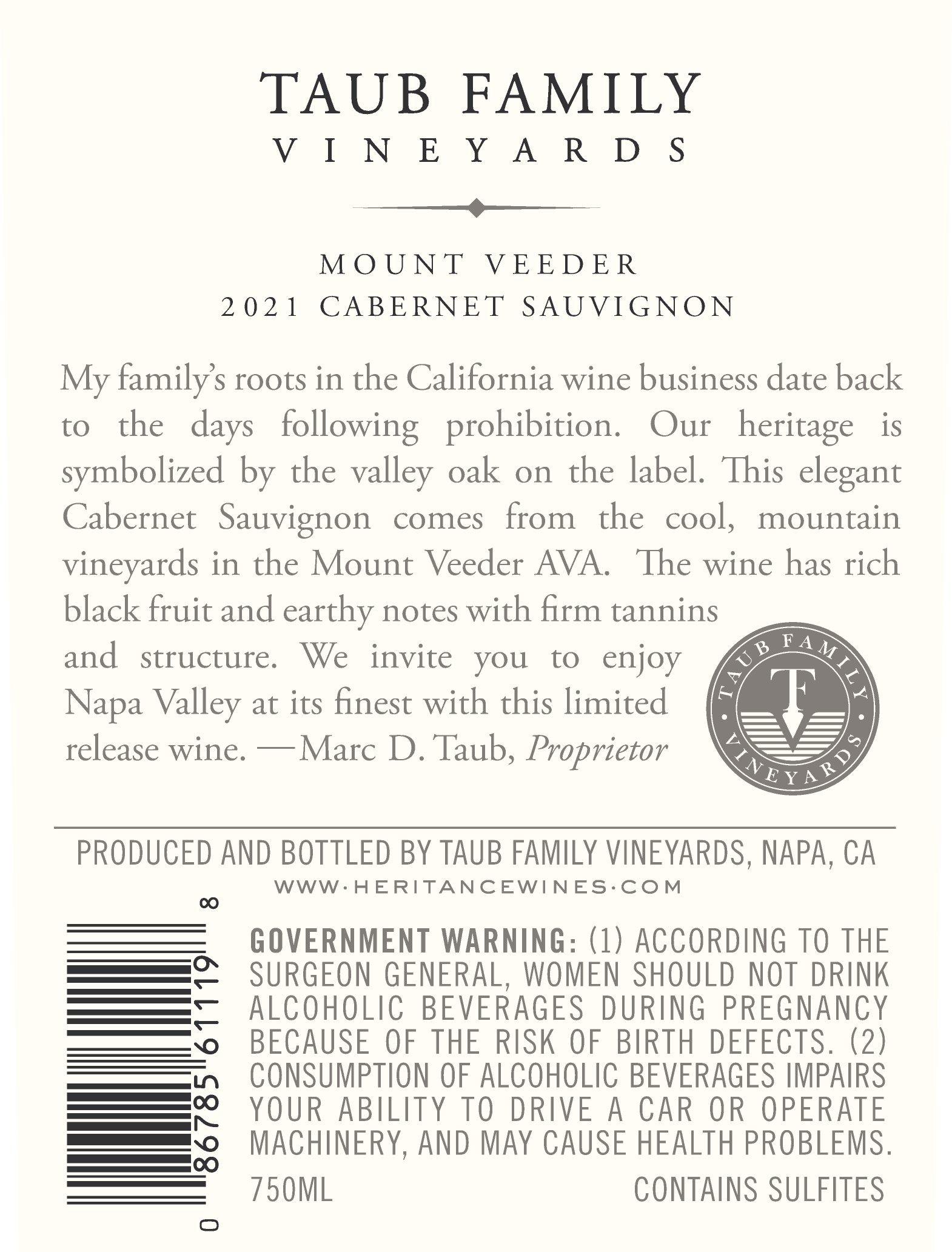 TABC label artwork for TAUB FAMILY VINEYARDS