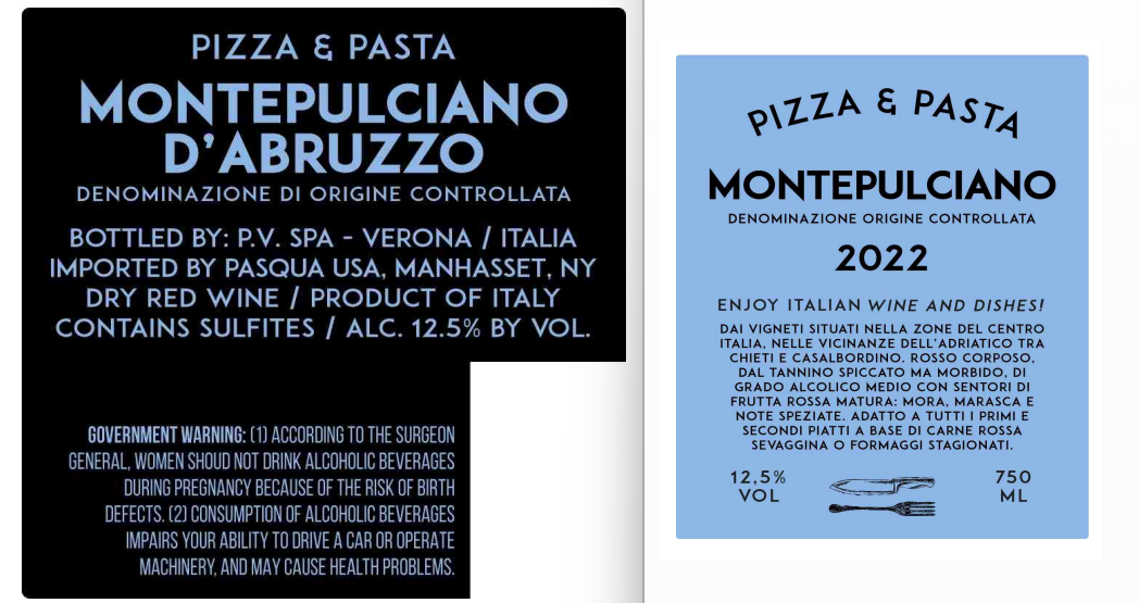 TABC label artwork for Pizza & Pasta Montepulciano Red Wine