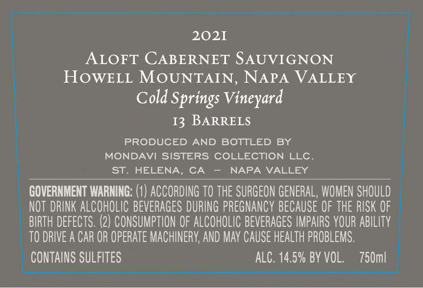 TABC label artwork for Aloft Cold Springs Vineyard Cabernet Sauvignon Howell Mountain, Napa Valley