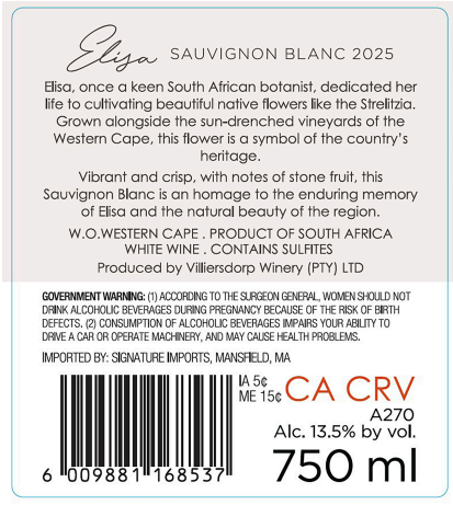 TABC label artwork for Elisa Sauvignon Blanc