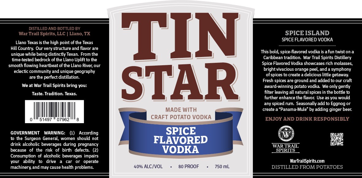 TABC label artwork for TIN STAR SPICED VODKA
