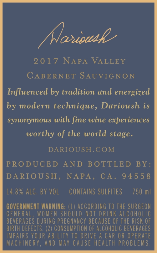 TABC label artwork for Darioush Cabernet Sauvignon, Napa Valley