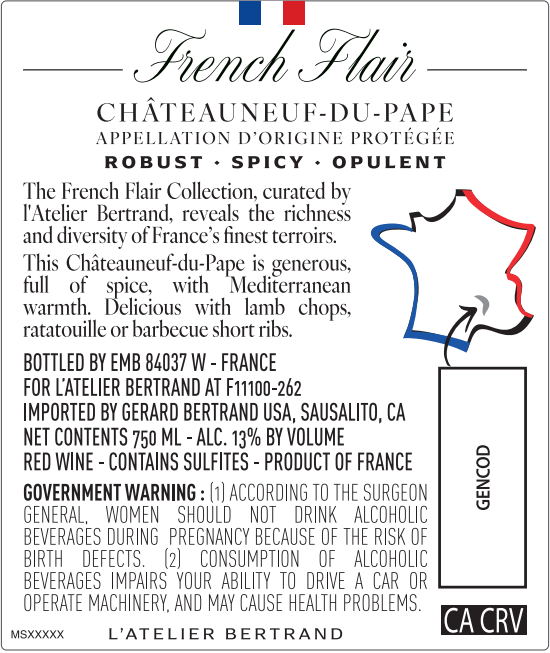 TABC label artwork for L'Atelier Bertrand French Flair Le Genereaux Chateauneuf du Pape Red
