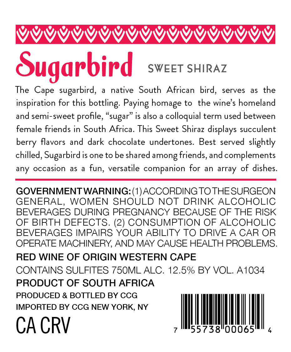 TABC label artwork for Sugarbird Sweet Shiraz
