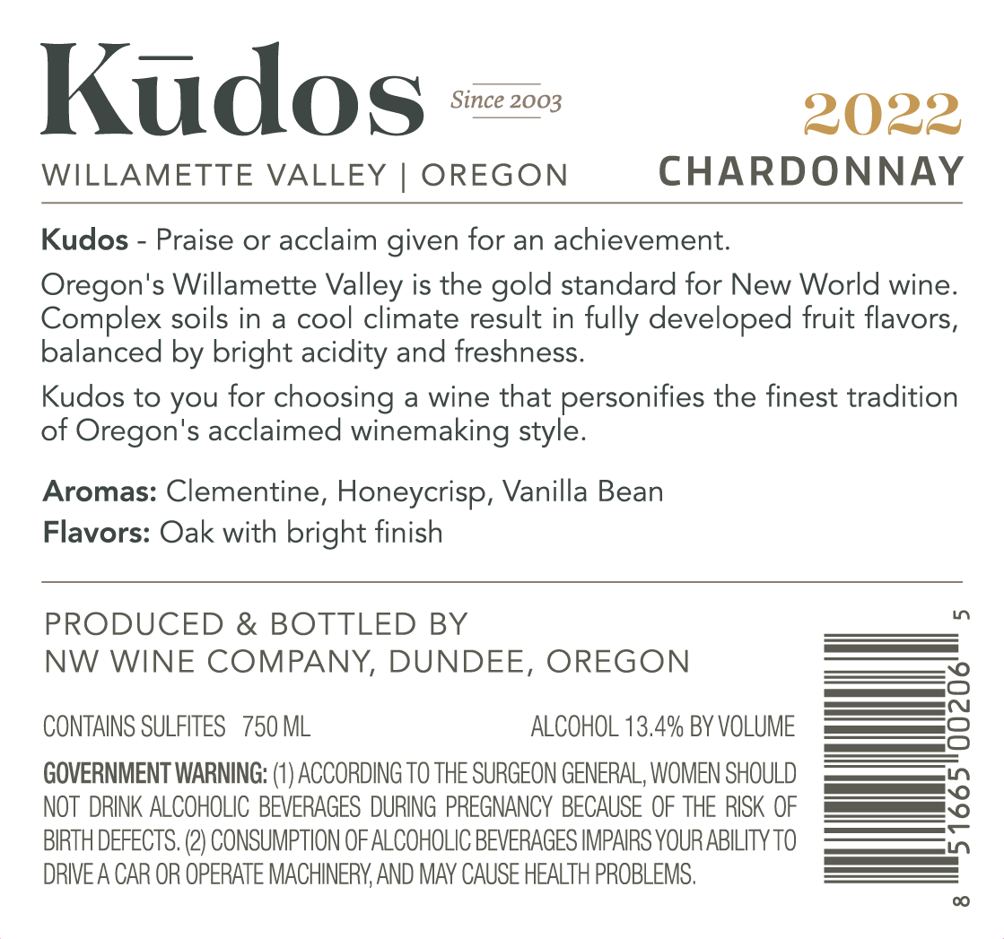 TABC label artwork for Kudos 2022 Chardonnay
