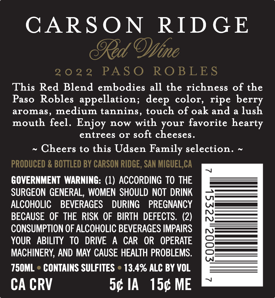 TABC label artwork for Carson Ridge Red Blend Paso Robles 2022