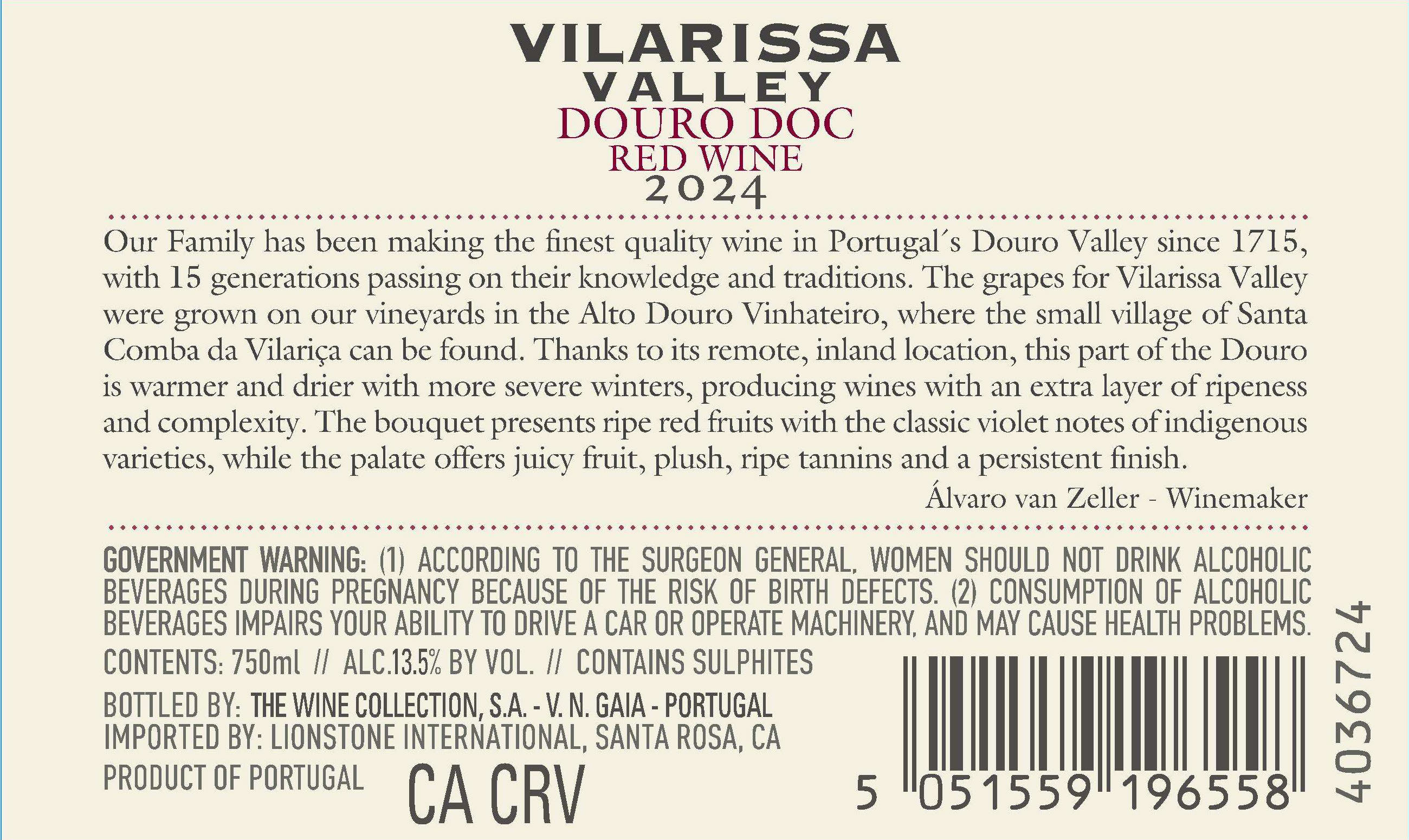 TABC label artwork for Vilarissa Valley Douro Red Wine, Portugal
