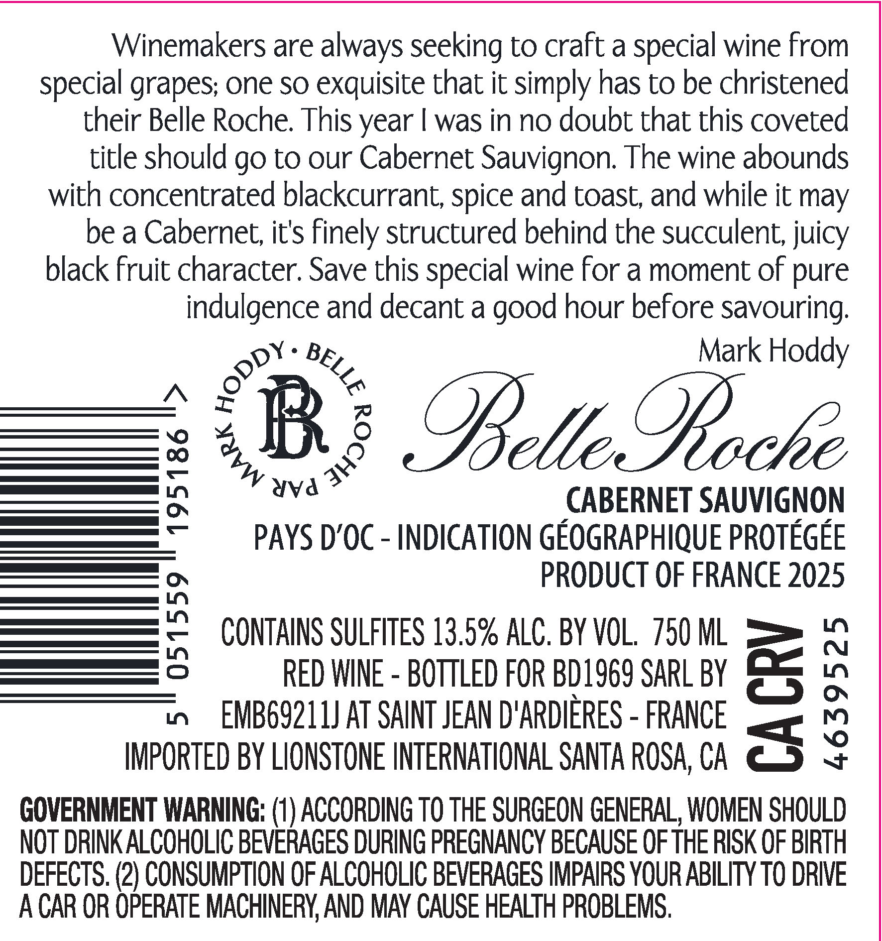 TABC label artwork for Belle Roche Pays d' Oc Cabernet Sauvignon, France