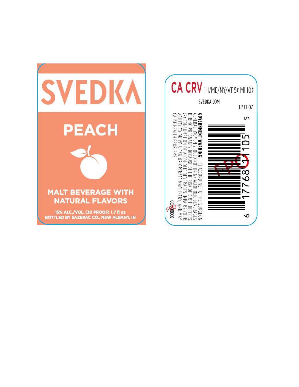 TABC label artwork for Svedka Peach Malt Beverage 1.7oz