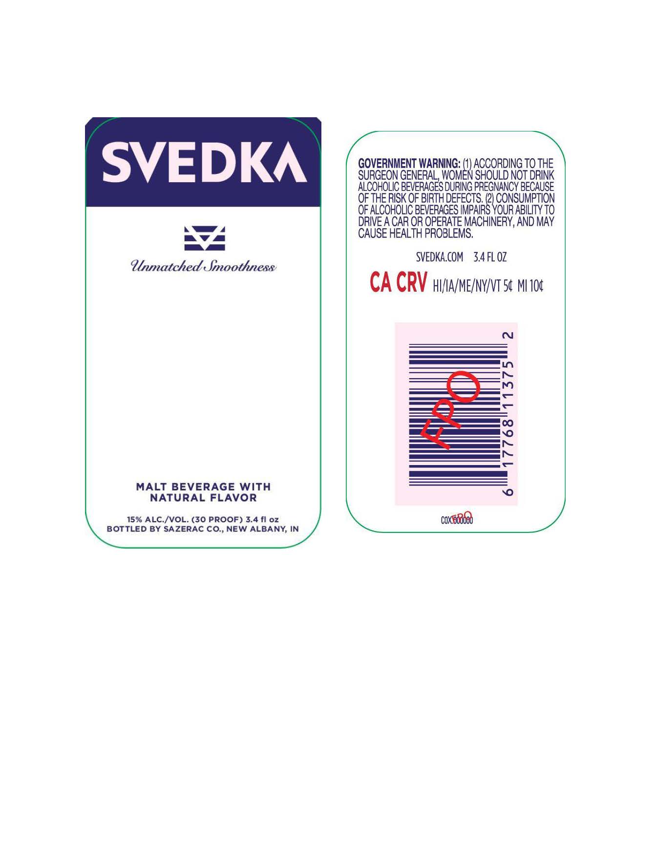 TABC label artwork for Svedka Unmatched Smoothness Malt Beverage 3.4oz