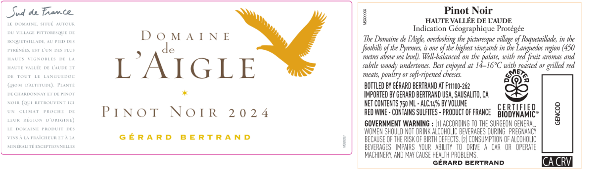TABC label artwork for Gerard Bertrand Domaine de l'Aigle Pinot Noir Haute Vallee de L'Aude