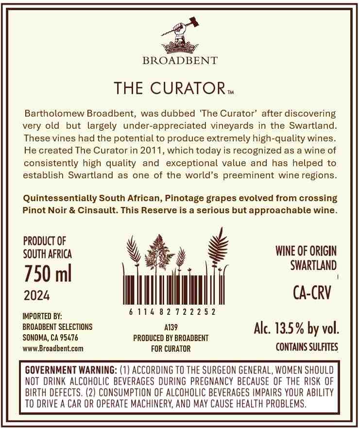 TABC label artwork for The Curator Broadbent Reserve Pinotate W O Swartland