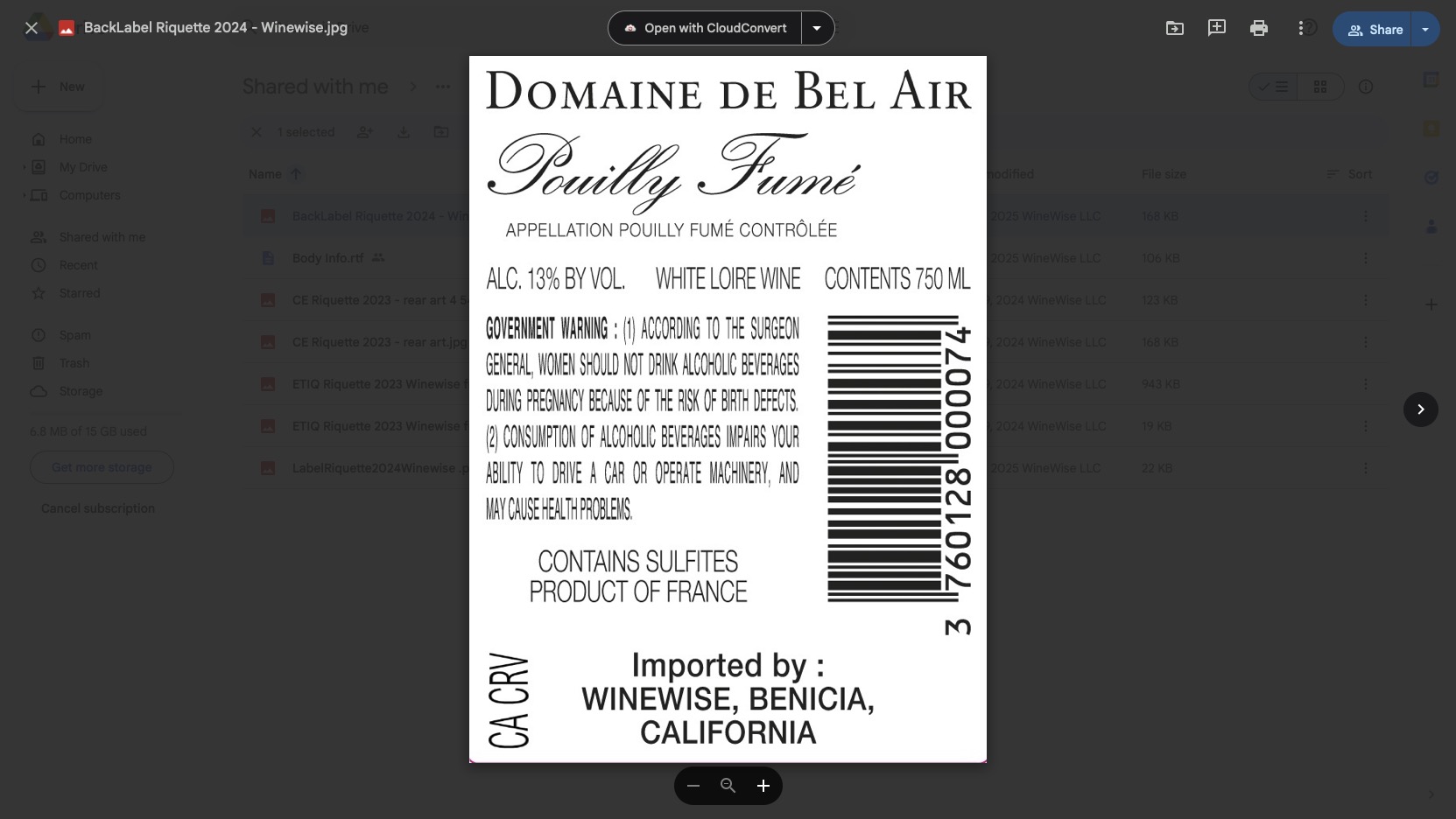 TABC label artwork for DOMAINE DE BEL AIR CUVEE RIQUETTE