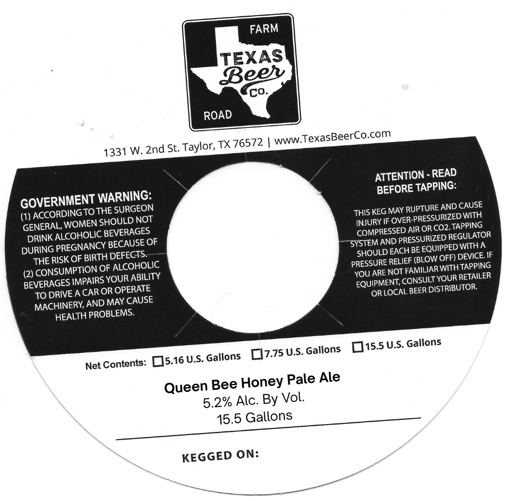 TABC label artwork for TEXAS BEER CO QUEEN BEE HONEY PALE ALE KEG