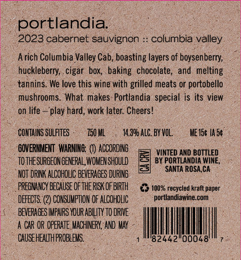 TABC label artwork for Portlandia Big Believer Cabernet Sauvignon Columbia Valley