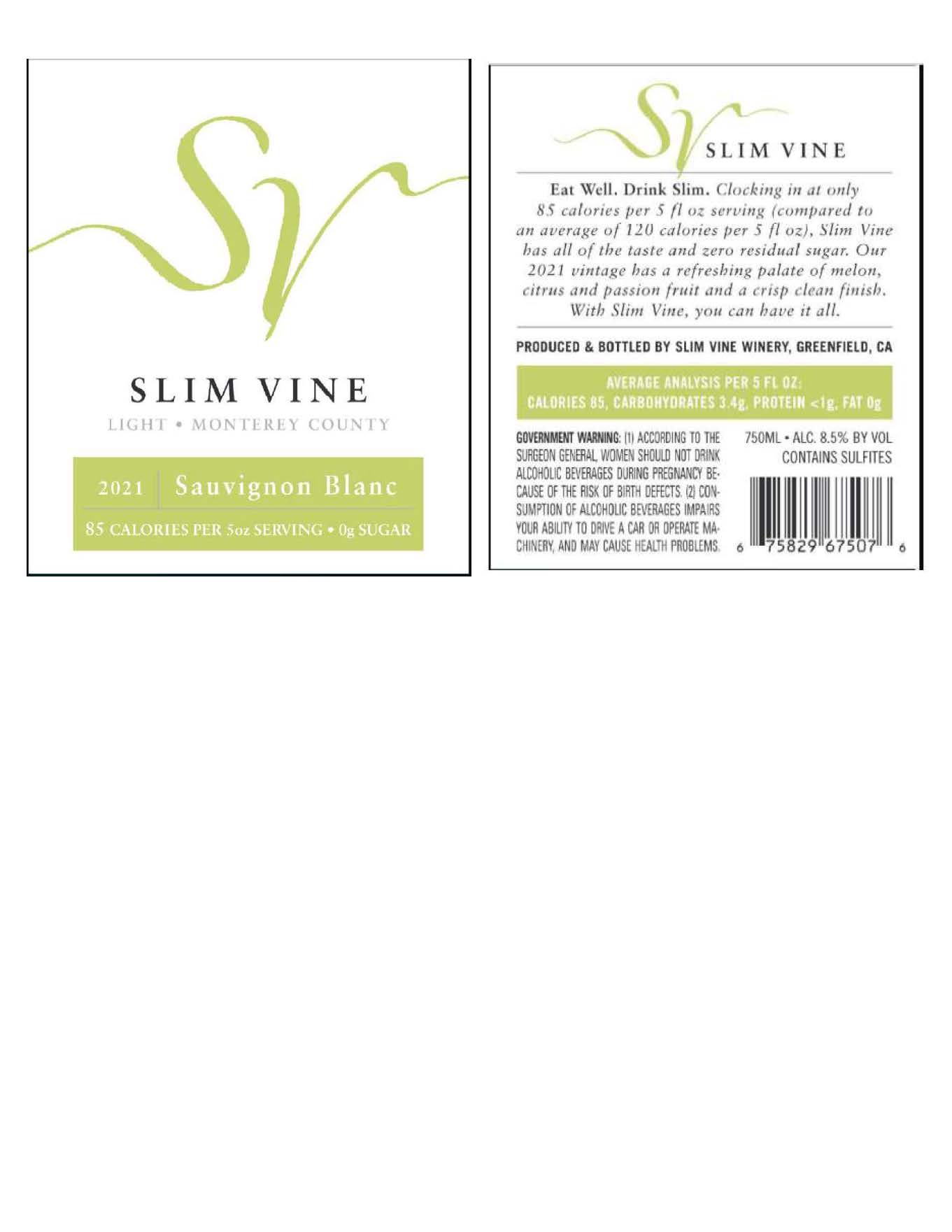 TABC label artwork for SLIM VINE Sauvignon Blanc CA-Monterey