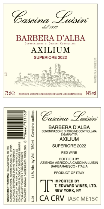 TABC label artwork for CASCINA LUISIN BARBERA D'ALBA AXILIUM