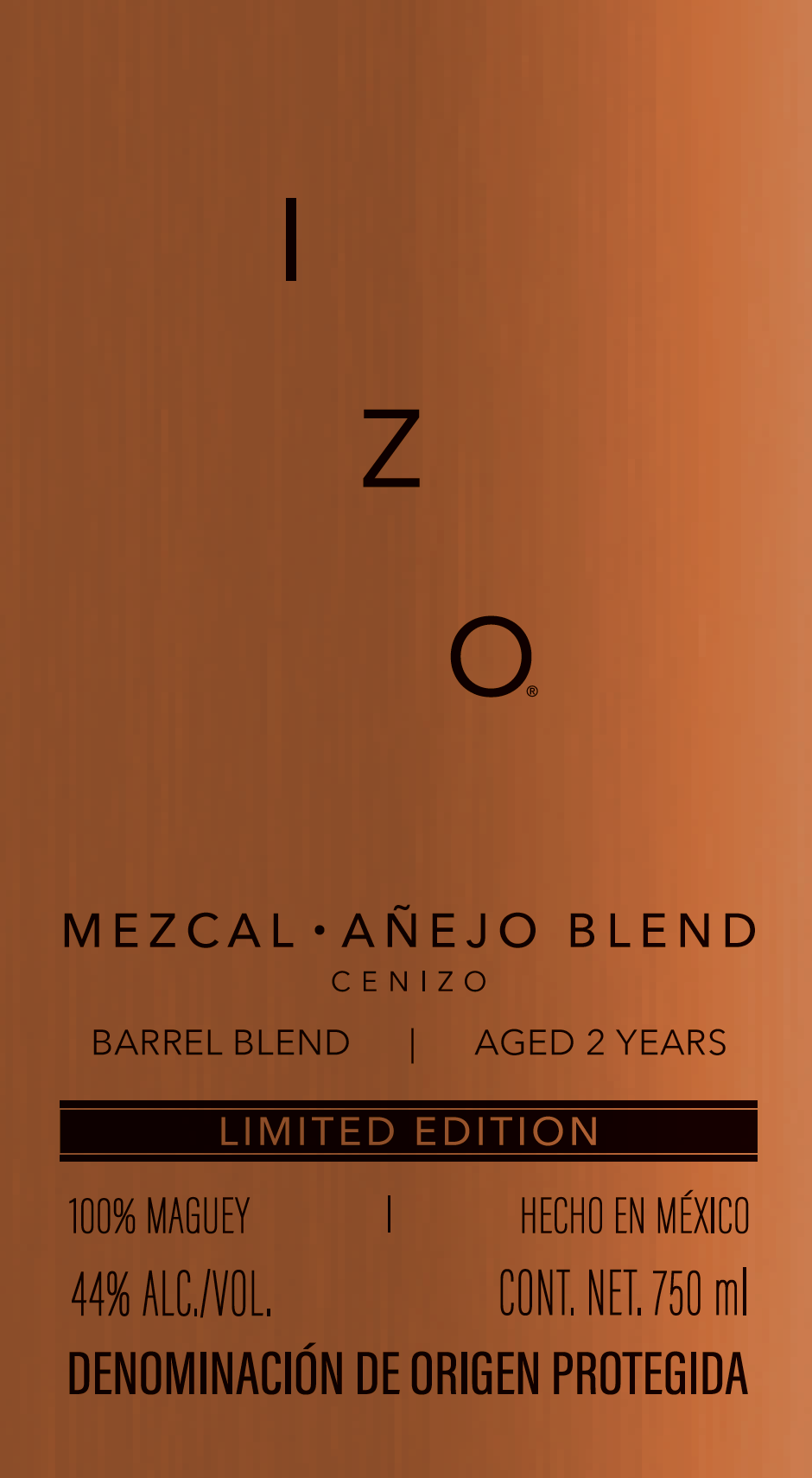 TABC label artwork for IZO Mezcal Anejo Blend Cenizo Aged 2 Years