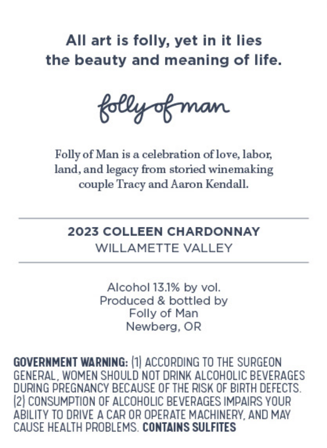 TABC label artwork for Folly of Man Chardonnay