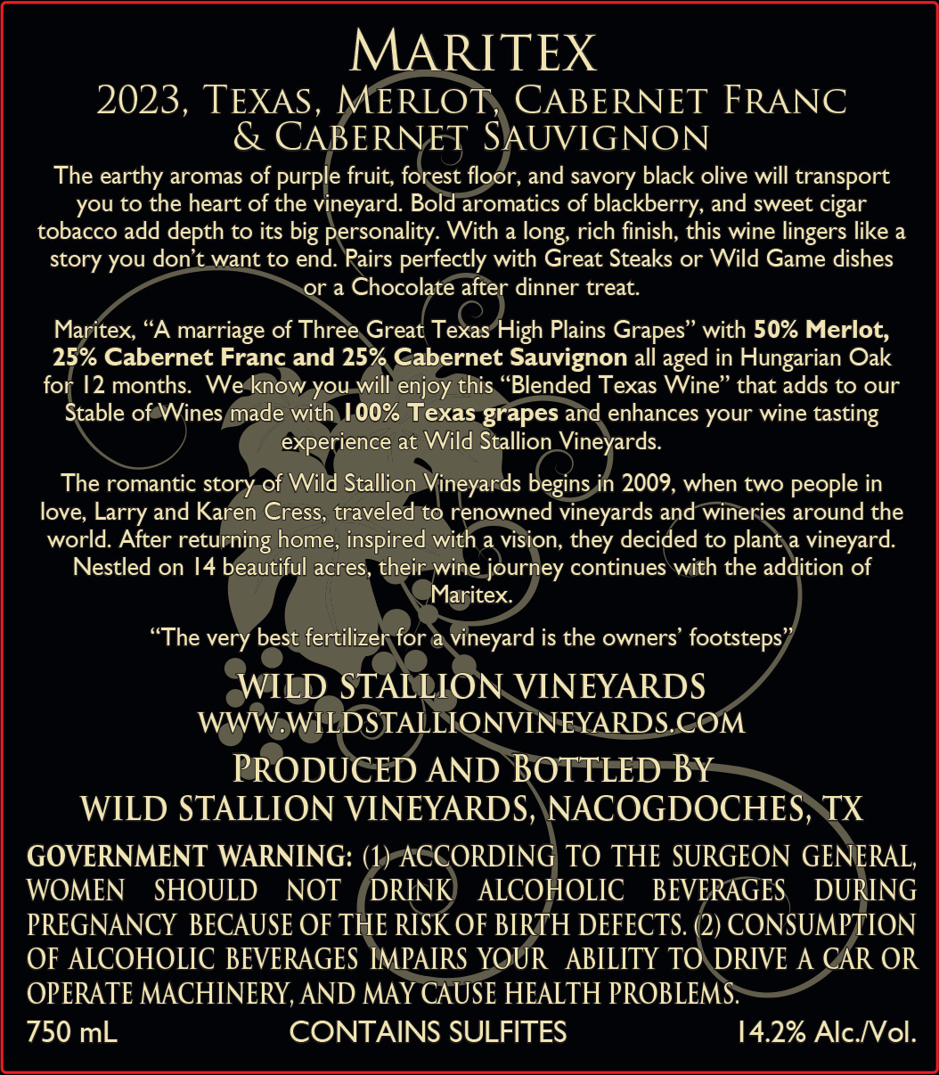 TABC label artwork for Wild Stallion Vineyards Maritex