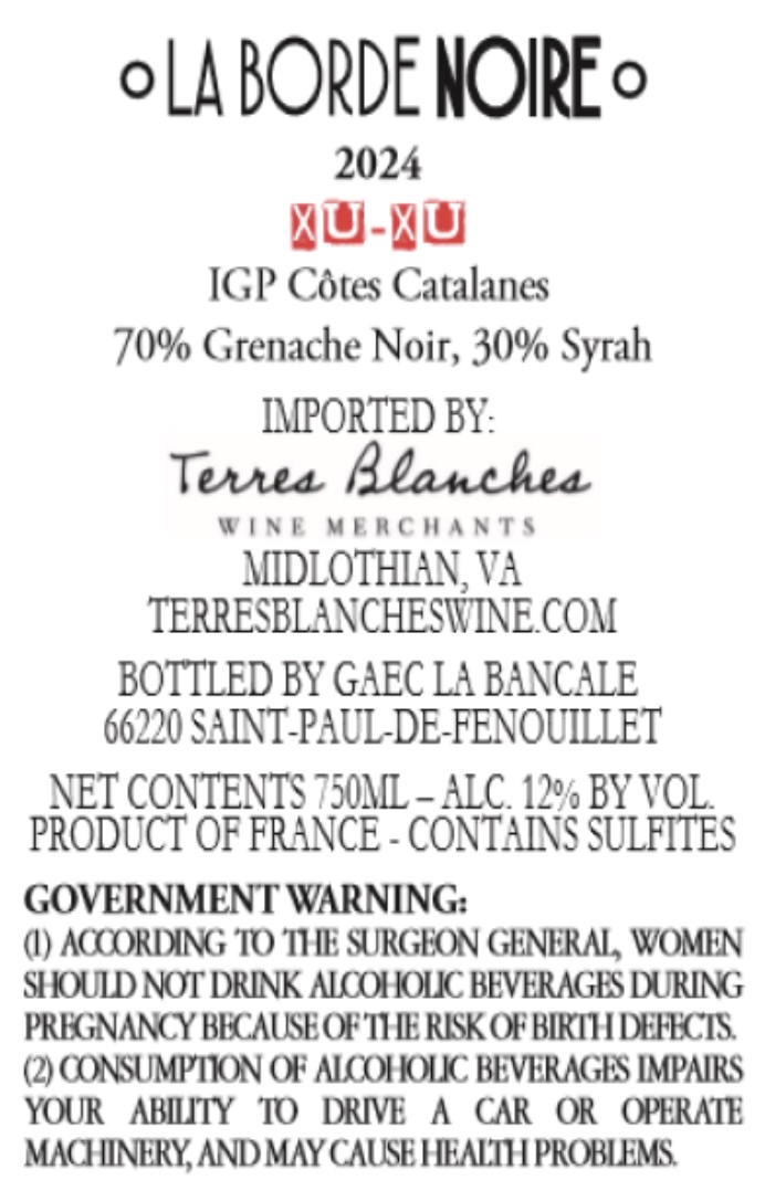 TABC label artwork for LA BORDE NOIRE XU-XU ROUGE  2024