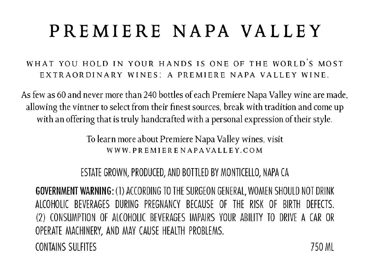 TABC label artwork for Premiere Napa Valley Monticello John Jay Cabernet Sauvignon Oak Knoll District Of Napa Valley