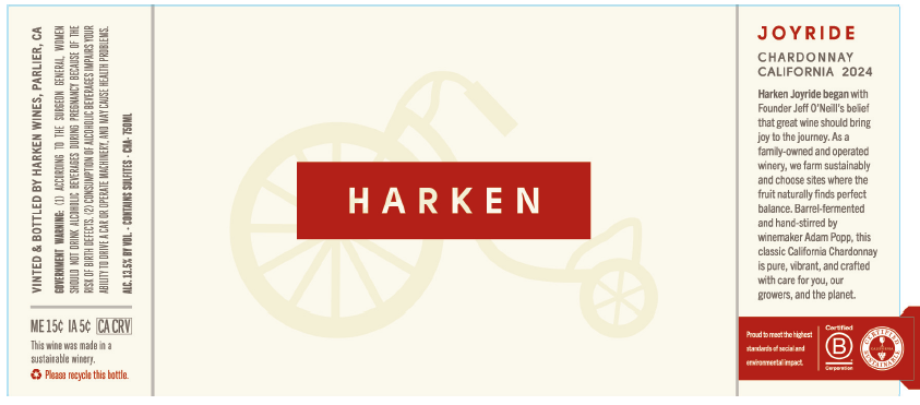 TABC label artwork for HARKEN CHARDONNAY CALIFORNIA JOYRIDE