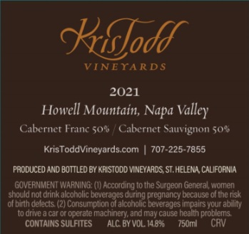 TABC label artwork for KrisTodd Vineyards Howel Mountain Cabernet Sauvignon, Cabernet Franc