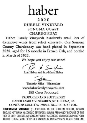 TABC label artwork for Haber Durell Vineyard Chardonnay