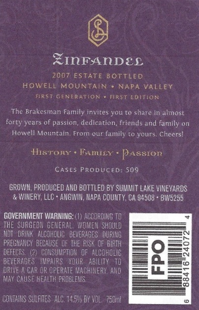 TABC label artwork for Summit Lake Zinfandel
