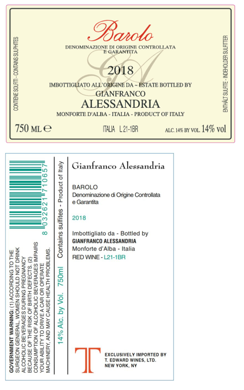 TABC label artwork for Gianfranco Alessandria Red Barolo DOCG