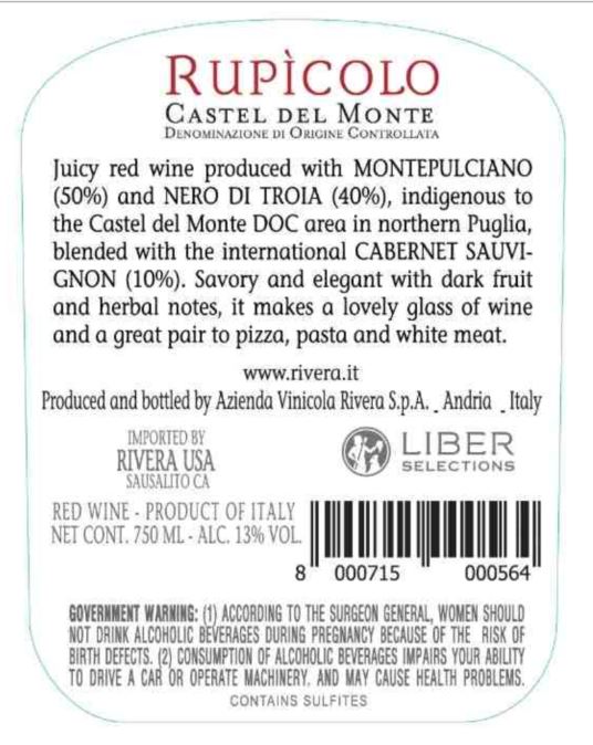 TABC label artwork for RIVERA RUPICOLO CASTEL DEL MONTE