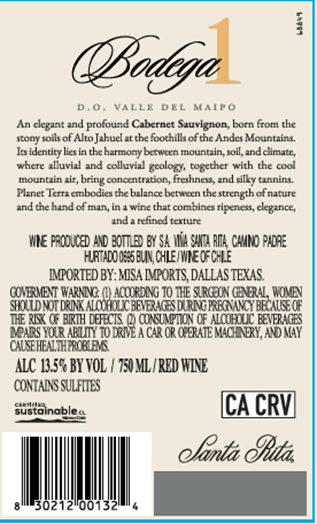 TABC label artwork for SANTA RITA BODEGA 1