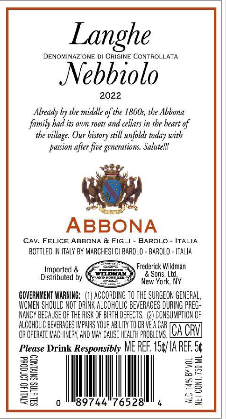 TABC label artwork for Abbona Langhe Nebbiolo