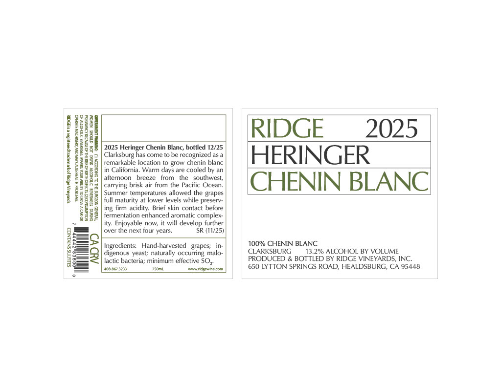 TABC label artwork for Ridge 2025 Heringer Chenin Blanc